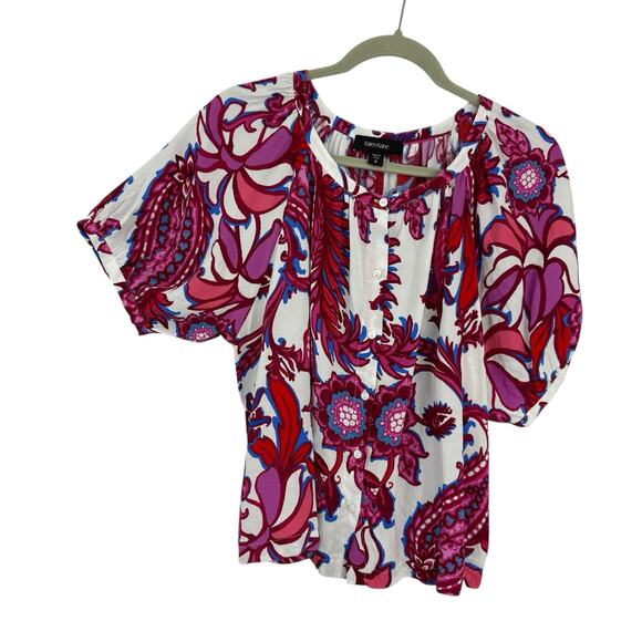 Karen Kane Top Pink Floral Puff Sleeve Button up Crepe Tropical - Picture 1 of 10